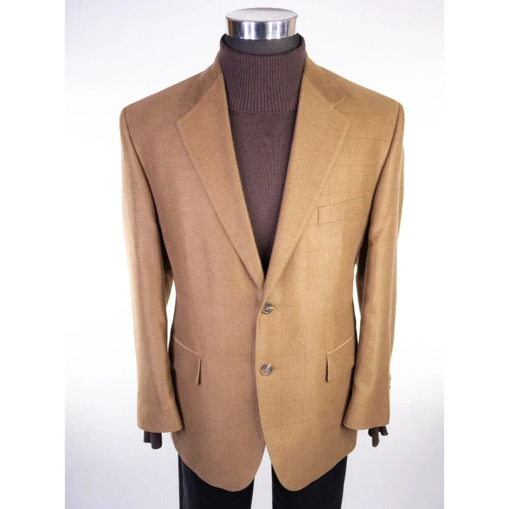 Chaps Blazer Sport Coat Sz 40S Camel Beige Tan Poly Blend Two Button Jacket